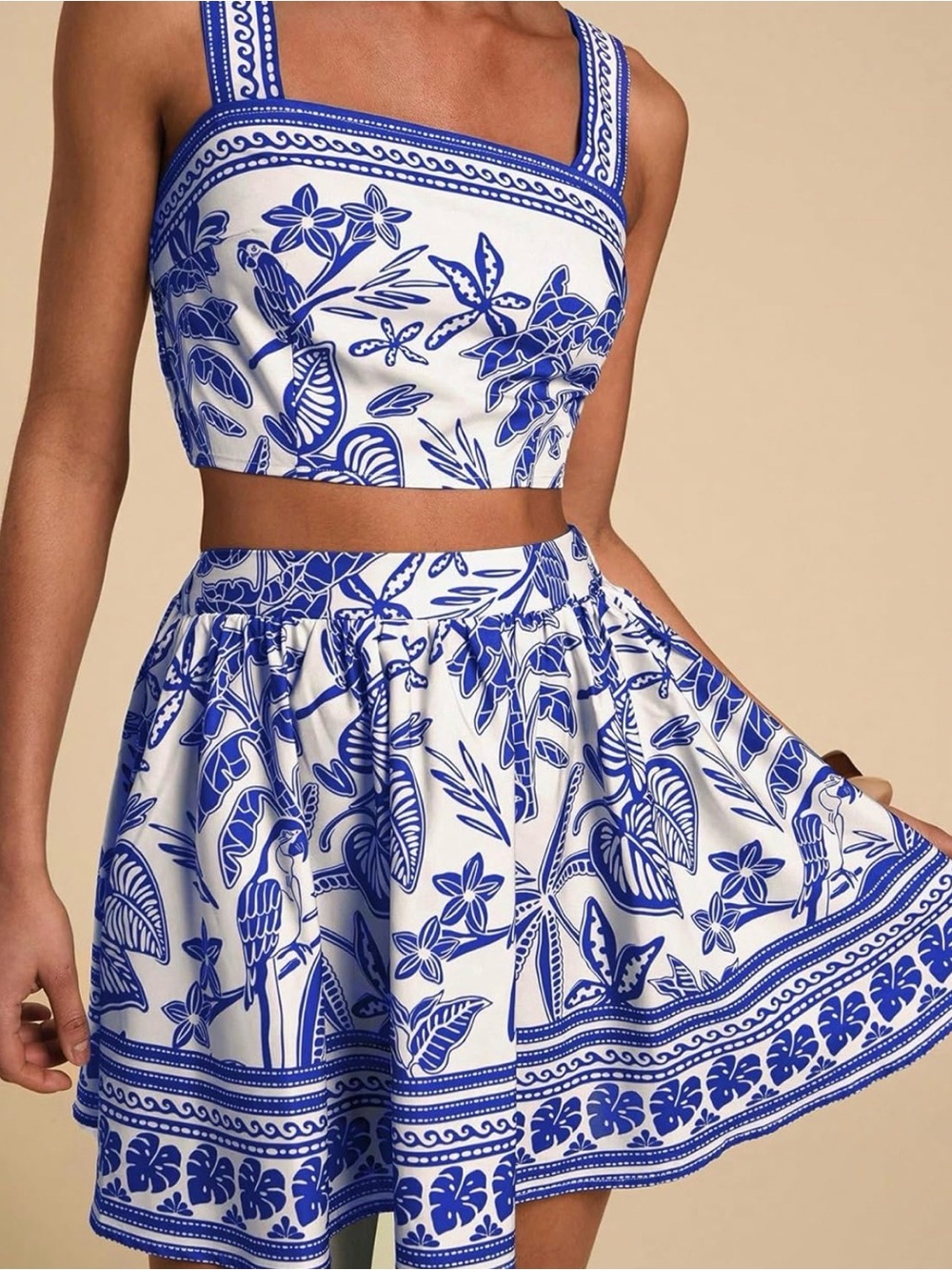 Blue and White Floral Two-Piece Crop Top & Skirt Set NEW - Picture 6 of 7